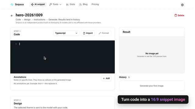 AI snippet workspace: paste code, pick a design, generate a 16:9 image